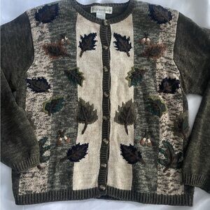 Vintage Dress Barn embroidered leaves cardigan sweater sz 8 Medium green brown